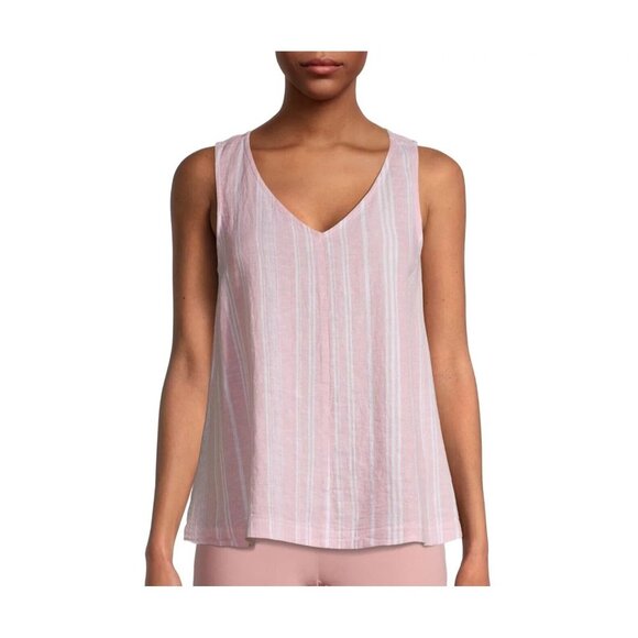 Time & Tru Women's M (8-10) Tank Top Pink Striped Linen Blend V Neck beautiful - Picture 2 of 13